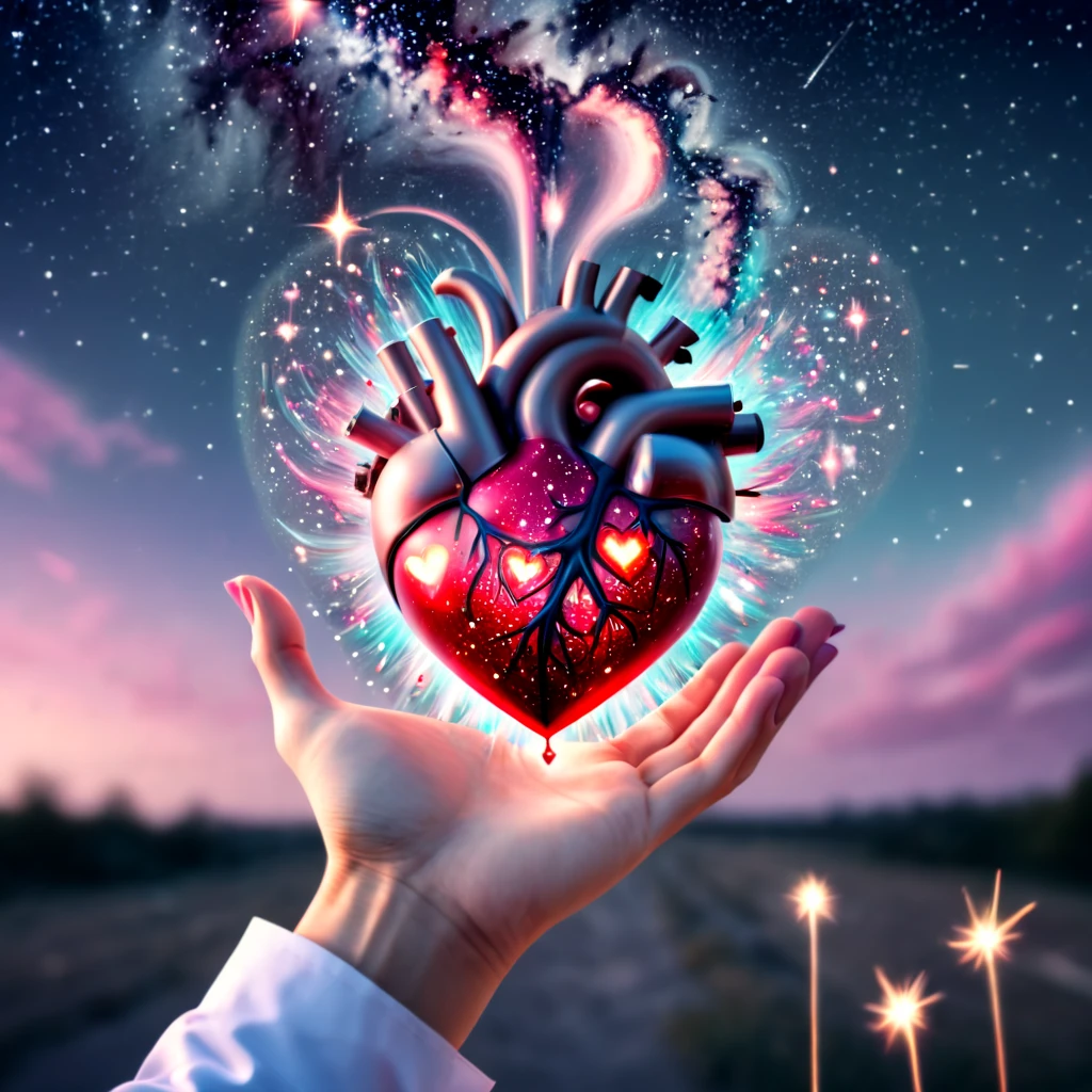 a heart pumps in a doctor's hand, close up, the sky full of stars that shoot out and explode, real and magical