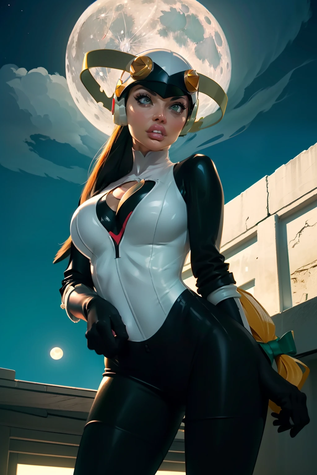 (Aletta ocean face), Waifu, masterpiece, curvy, breasts, moon, full moon, gloves, 1girl, clenched teeth, black helmet, cleavage, large, roll_exe_megamanbn,(helmet),hair,long hair,leotard,green eyes,((black bodysuit,black legs, black hips, black torso)), breasts, ((roll_exe:1.2)), (small breasts:1.4), rating:explicit,rule34, , tits,clenched hands, night, sky, ((black bodysuit:1.4)),(white skin:1.4), clenched hand, rating:questionable, ((long hair:1.5)), solo, angry, lip biting, official illustration, illustration, detailed face, beautiful intricate eyes, curvy milf, 1:2), closeup, titsnipples