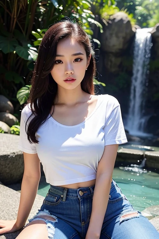 Thai girl, 20 years old, voluptuous figure with big bust, small waist, and big hips, casually dressed in short jeans. Wearing a cropped t-shirt that reveals a peek of her flat abs. Seated next to a breathtaking waterfall, her reflection shimmering in the clear pool below. (8K, RAW photo, best quality, masterpiece: 1.2), (realistic, photorealistic: 1.37), Thai beauty, sitting, waterfall backdrop, detailed facial features, big eyes, defined cheekbones, lush lips, collarbone visible through cropped t-shirt, short denim jeans, (w