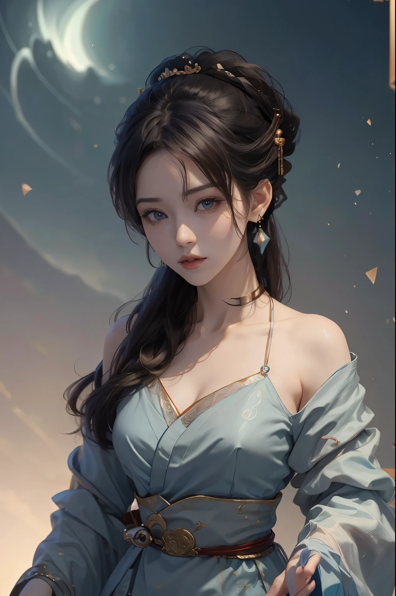Masterpiece, Best quality, Masterpiece,Best quality,offcial art,Extremely detailed Cg Unity 8K wallpaper, Night, stars, against backlight at dusk, Realistic, Photo, Real, landscape/scenery, Huge_filesize, the wallpaper, A MILF, Long hair, Purple hair, curly_Hair, Makeup , Light smile, Blue eyes, Medium breasts, Japanese_clothes, Obi, hair-bun, double bun hair, Earrings, jewelry, pendant, Black choker , wariza/W-sitting, Sit on the, Lying ,