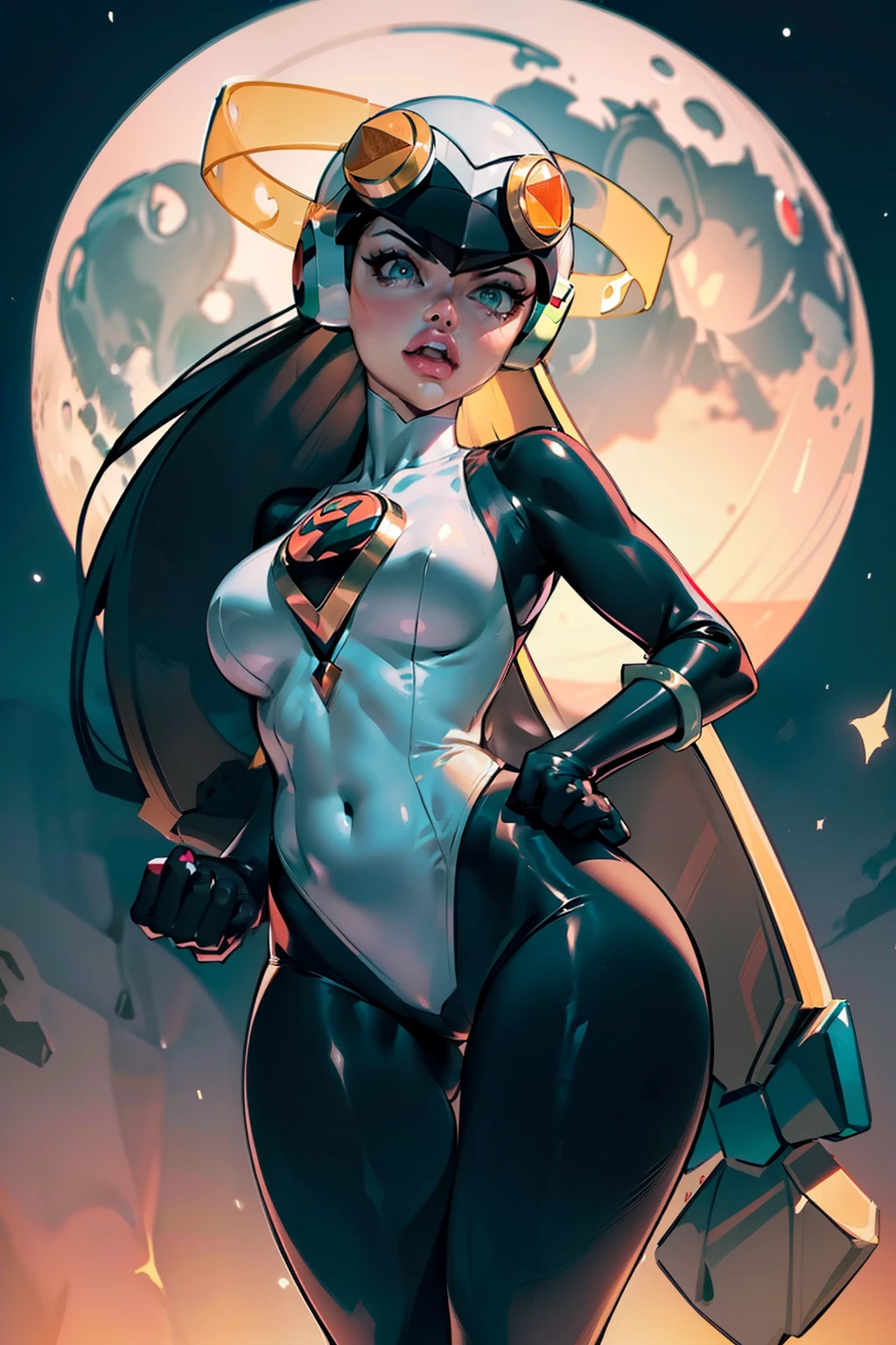 (Aletta ocean face), Waifu, masterpiece, curvy, breasts, moon, full moon, gloves, 1girl, clenched teeth, black helmet, cleavage, large, roll_exe_megamanbn,(helmet),hair,long hair,leotard,green eyes,((black bodysuit,black legs, black hips, black torso)), breasts, ((roll_exe:1.2)), (small breasts:1.4), rating:explicit,rule34, , tits,clenched hands, night, sky, ((black bodysuit:1.4)),(white skin:1.4), clenched hand, rating:questionable, ((long hair:1.5)), solo, angry, lip biting, official illustration, illustration, detailed face, beautiful intricate eyes, curvy milf, 1:2), closeup, titsnipples