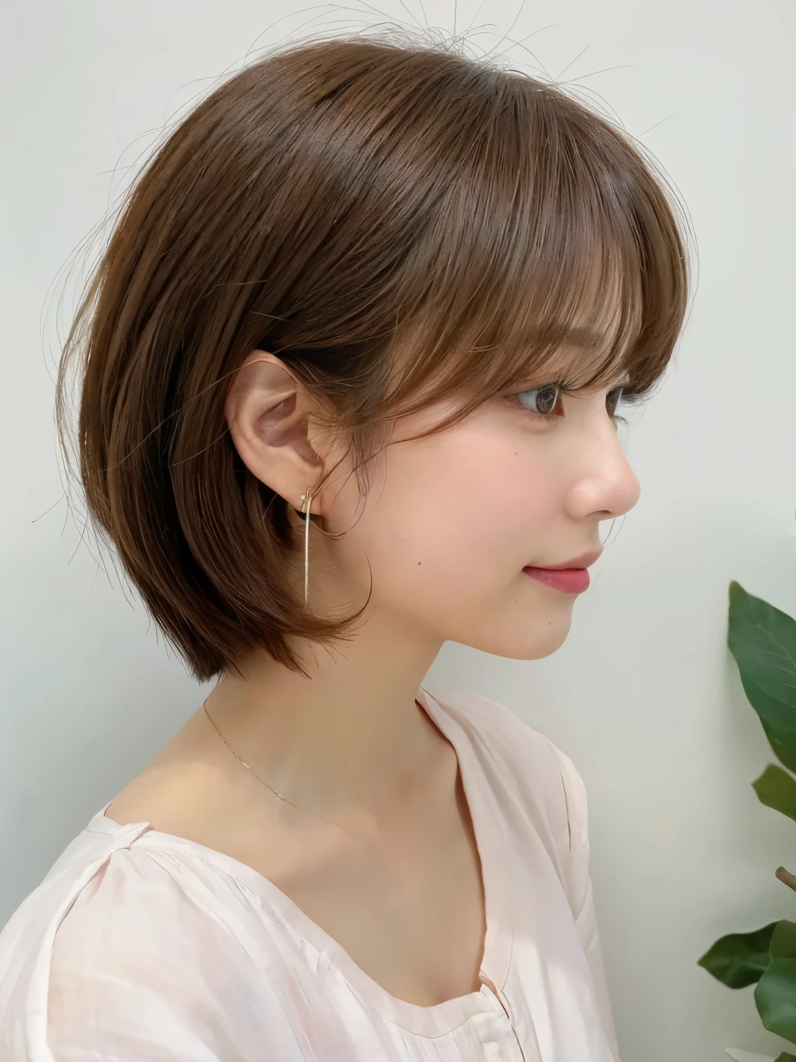 white wall、Taken in front of the white door、(窓のあるwhite wallの部屋)、(8K、Live shooting、highest quality、masterpiece:1.2)、High-definition RAW color photo、professional photos、(genuine、フォトgenuine:1.37)、Shot in natural light、1 girl、lazy smile、(various poses)、Blake is (Ombre:1.3) 、Spring clothes、 necklace、(Beautiful profile:1.3)、Don't look at the camera、profile、shortcut、((brown hair))、short hair、Eye color is dark brown、(Beautiful profile:1.3)、correct hand of human body、look down、Blouses in pastel colors、丸みのあるshort hair,((earrings))