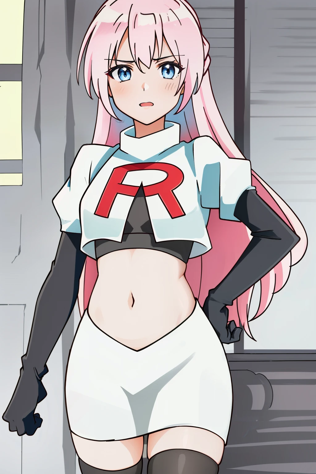 1girl, solo, shikimoriMicchon, highres, hdr, (((best quality, masterpiece))), ultra detailed illustration, extremely detailed face, team rocket,team rocket uniform, red letter R, white skirt,white crop top,black thigh-highs,black elbow gloves,
