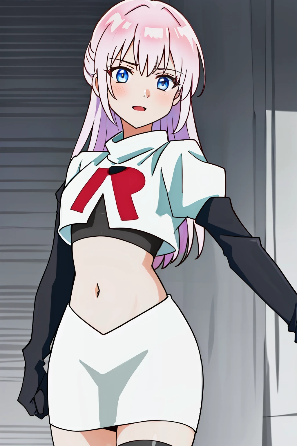 1girl, solo, shikimoriMicchon, highres, hdr, (((best quality, masterpiece))), ultra detailed illustration, extremely detailed face, team rocket,team rocket uniform, red letter R, white skirt,white crop top,black thigh-highs,black elbow gloves,