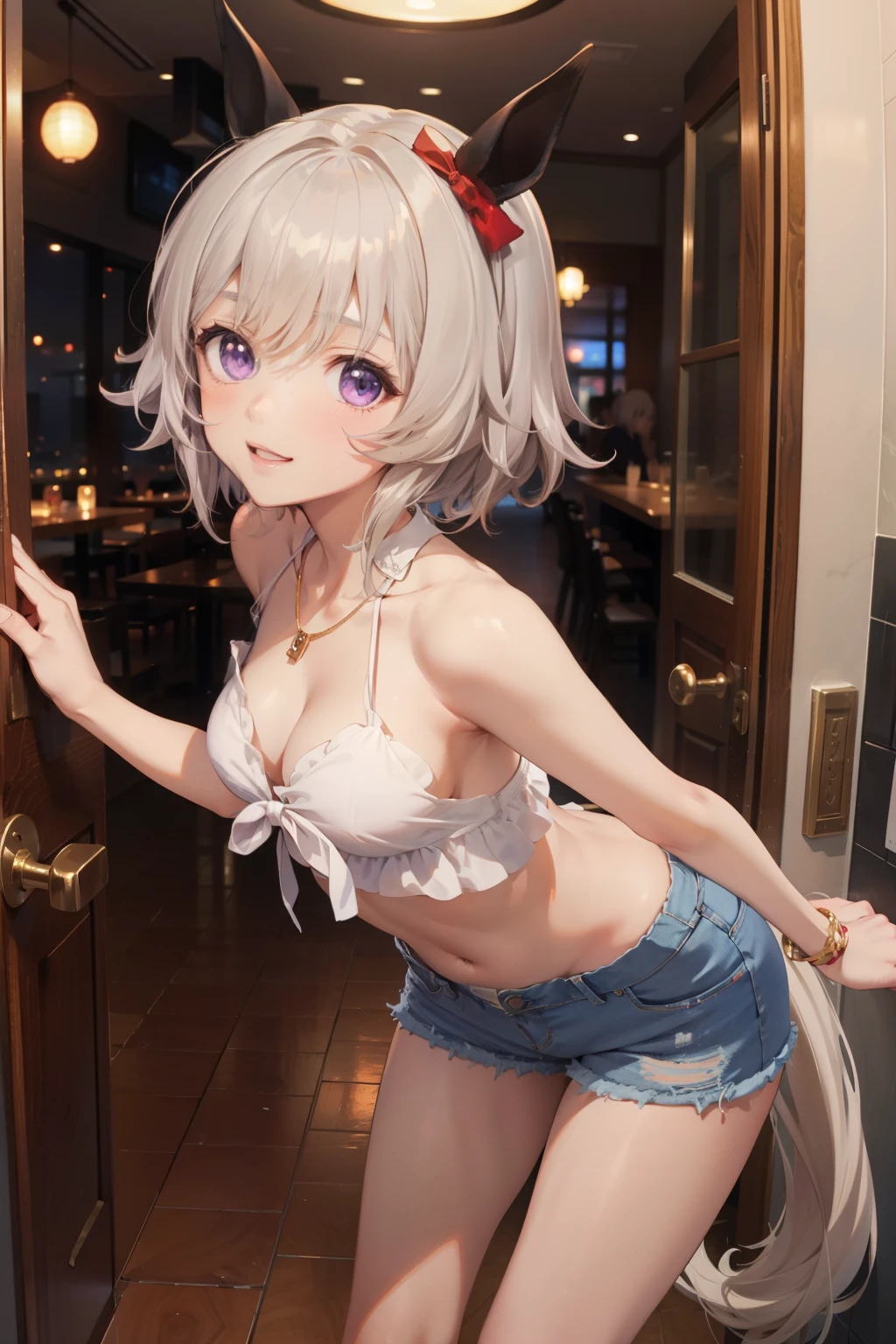 curren chan \(umamusume\), anime girl with long white hair and purple eyes posing in a hallway, restaurant door, expensive restaurant, seductive anime girl, small curvy , perfect white haired girl, attractive anime girl, beautiful anime girl, cute anime girl, girl with white hair, smooth anime cg art, pretty anime girl, anime style 4 k, anime best girl, anime girl, 4k anime wallpaper, denim shorts, small breasts, masterpiece, necklace, smiling, navel, leaning forward, hands on back, short hair, horse ear, horse tail, white bandeau, cleavage, stomach, smartphone