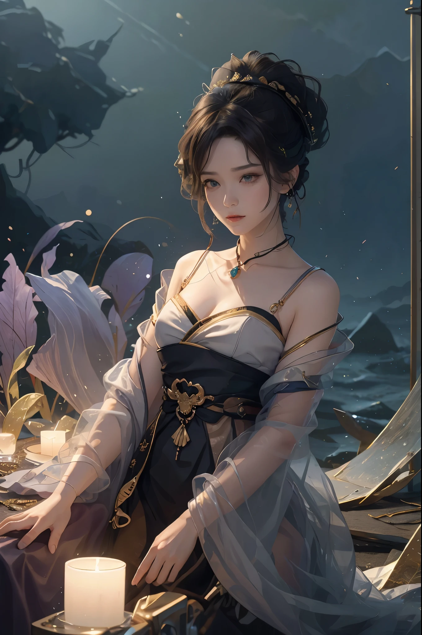 Masterpiece, Best quality, Masterpiece,Best quality,offcial art,Extremely detailed Cg Unity 8K wallpaper, Night, stars, against backlight at dusk, Realistic, Photo, Real, landscape/scenery, Huge_filesize, the wallpaper, A MILF, Long hair, Purple hair, curly_Hair, Makeup , Light smile, Blue eyes, Medium breasts, Japanese_clothes, Obi, hair-bun, double bun hair, Earrings, jewelry, pendant, Black choker , wariza/W-sitting, Sit on the, Lying ,