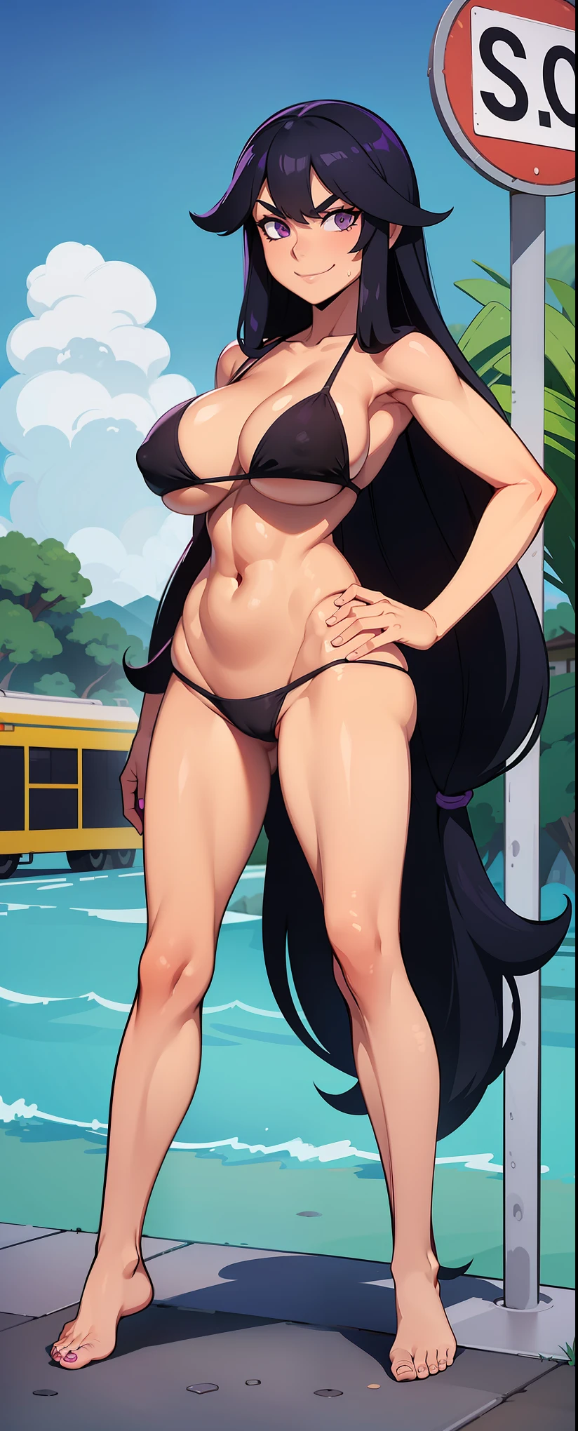 1 woman, tan , Long straight black hair, conjunctivitis, Purple bikini , sly face., villain , smile, Barefoot ,big breasts, full body, stand on your hips, Stand up straight...., bus waiting sign