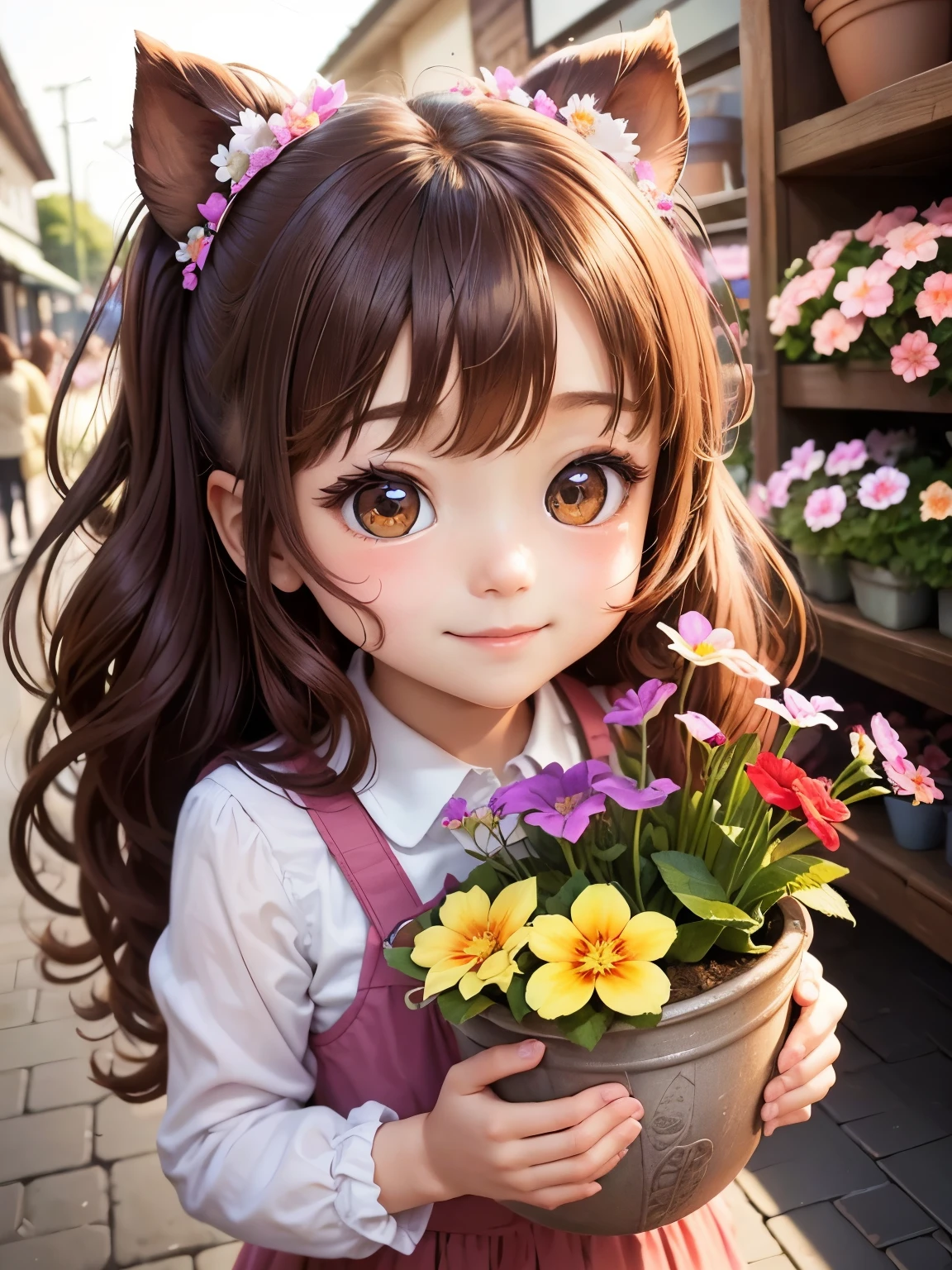best image quality、detailed eyes、very cute 、Primula flowers, which are large and colorful in red, yellow, and purple, resembling the shape of cherry blossom petals, bloom in flower pots.、A fun and cute smile、best smile、chibi character、super deformed、big head and 、long chestnut hair、Surprisingly big, round, shining eyes、A flower shop with lots of Primula pots、primula flower fairy、
