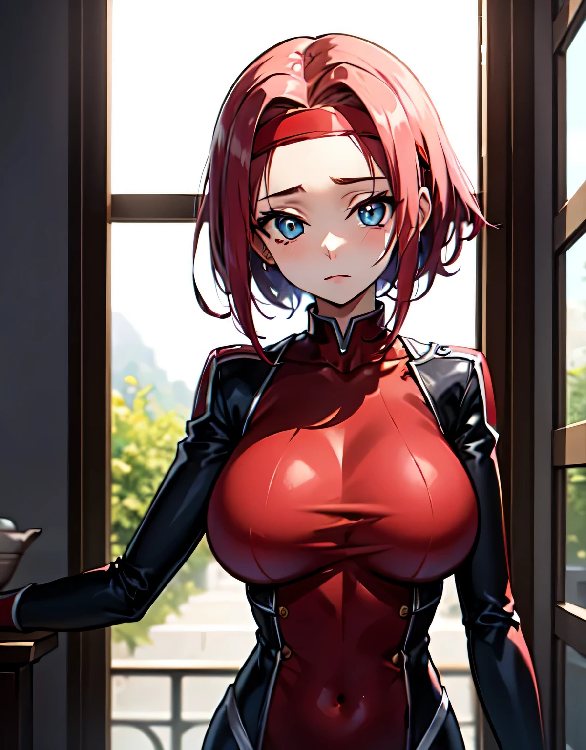 super detailed, Karen Stadfeld, blue eyes, pink hair, spiky hair, hair intake, (red headband:1.2), (red bodysuit:1.2),(big breasts:1.5),looking at the viewer,Are standing,(((masterpiece))),((highest quality)),perfect anatomy,8K UHD,highly detailed face,luster and luster,((1 girl)),((alone)),beautiful and fine eyes,perfect image,(Upper body:1.1),(look ahead:1.1),turn your arms behind your back,slim waist,(shiny hair),indoor hall,