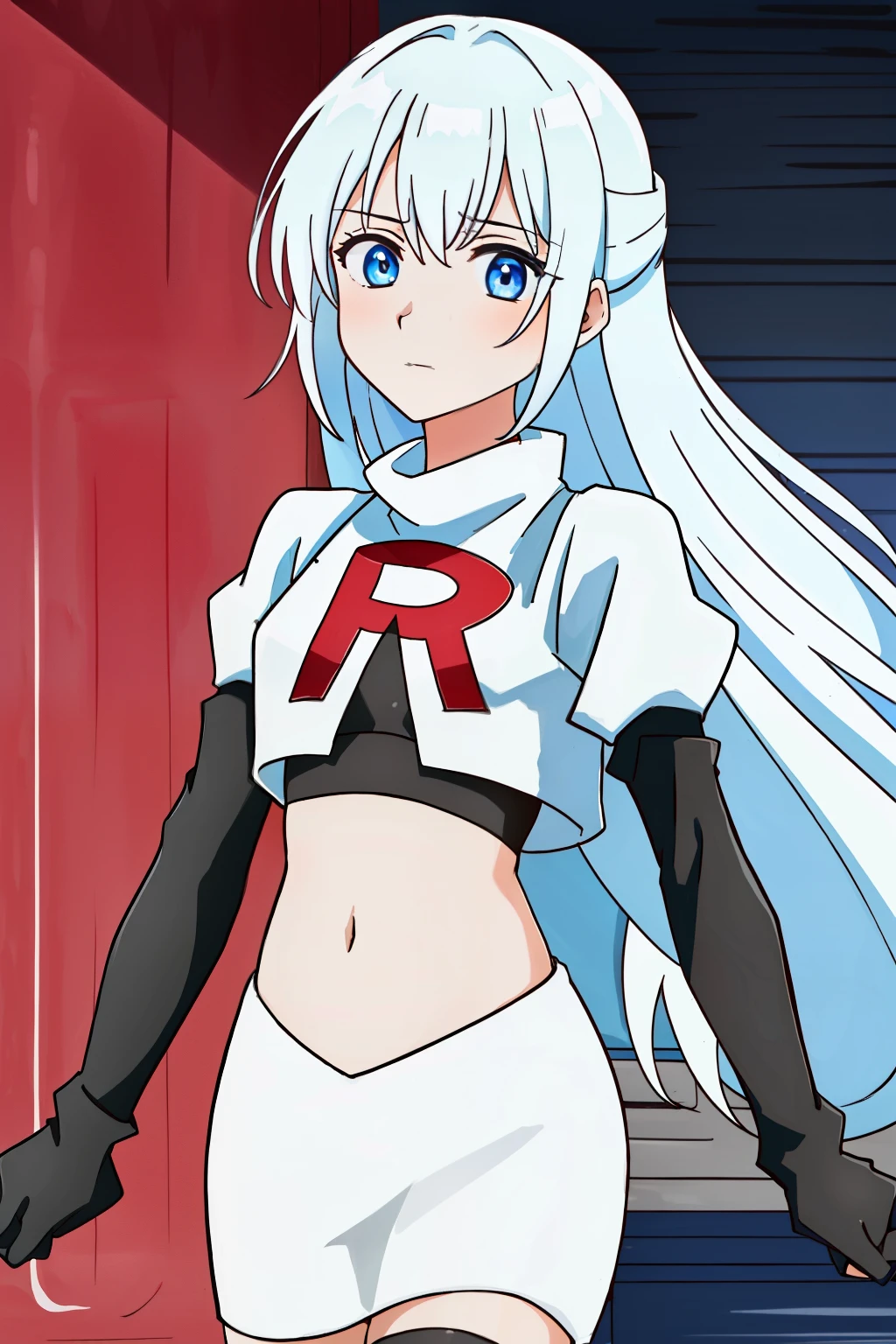 1girl, solo, shikimoriMicchon, highres, hdr, (((best quality, masterpiece))), ultra detailed illustration, extremely detailed face, team rocket,team rocket uniform, red letter R, white skirt,white crop top,black thigh-highs,black elbow gloves,