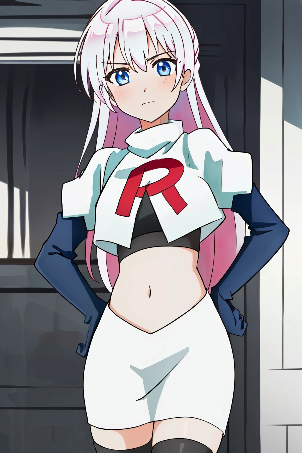 1girl, solo, shikimoriMicchon, highres, hdr, (((best quality, masterpiece))), ultra detailed illustration, extremely detailed face, team rocket,team rocket uniform, red letter R, white skirt,white crop top,black thigh-highs,black elbow gloves,