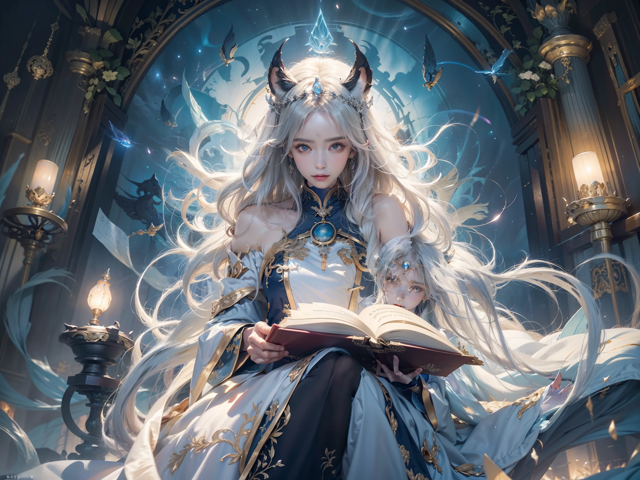 Crystal Castle Sealed in a Book of Magic,Blood,Night, Dark, (Fantasy),infinite,deep blue sky,The abyss of knowledge,Cowledge,((masutepiece)), (((Best Quality))),((Beautiful fine eyes)),(Eye lashes)、Beautiful girl riding a huge white lion with armor、(1 GIRL)、Perfect human body structure、Black hair fluttering in the wind、The long-haired、abyss eyes、glowy skin、oils、small 、Wizard robes、tattered cloth、Realistic coat、chi、Super delicate CG Unity 32k wallpaper、masterpiece, ((ultra-detailliert)), ((illustratio)),colourfull,wall-paper,The energy,Unknown terror,Incomprehensible,Around the magic,Magical surroundings,magic wands,Boken,Flying pages,Know everything,Predict the future、Get to know the past、Infinite wisdom、blue flames、Warlock、magic circles、Pentagram、Spells、mantra、Singing magic