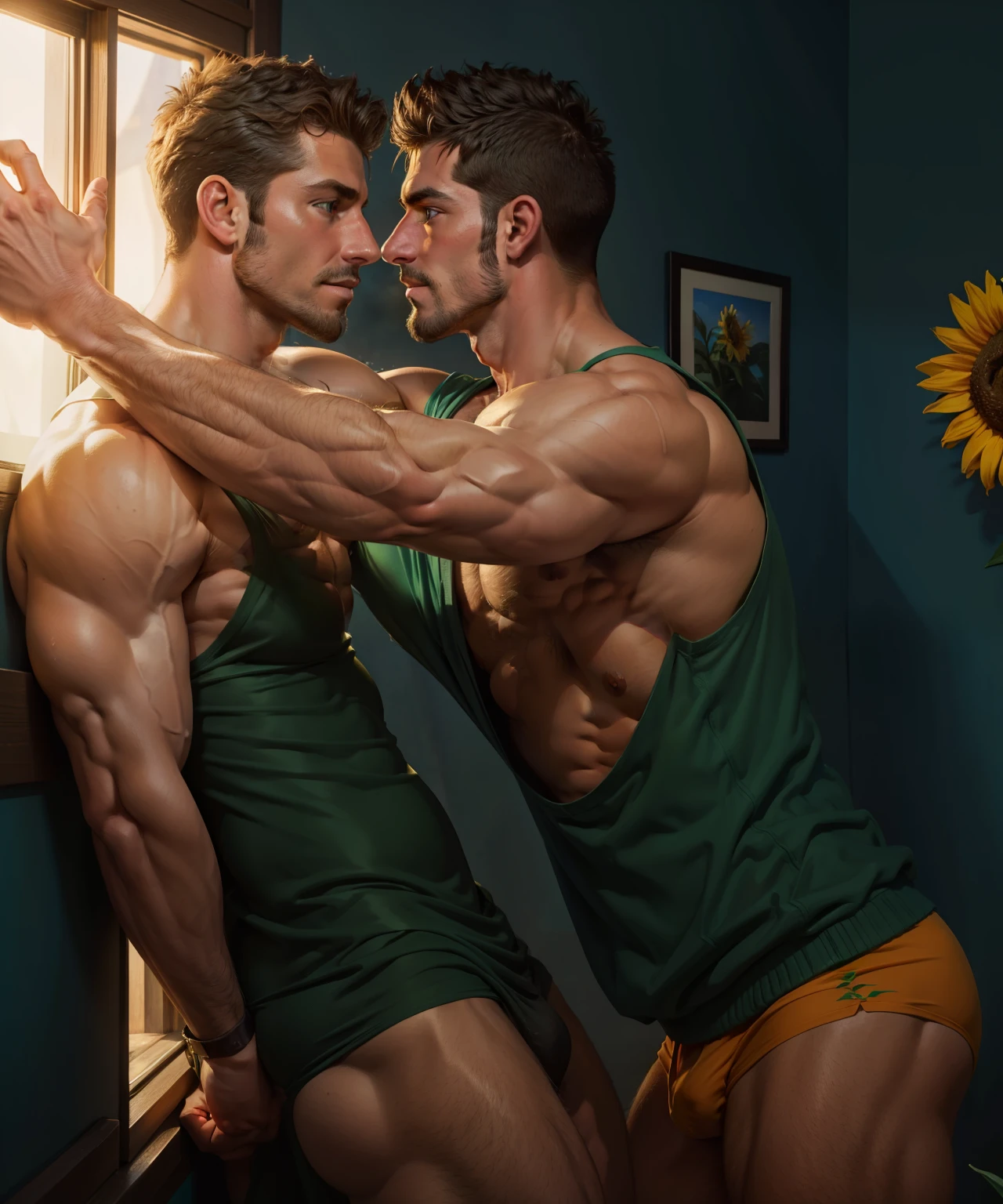 arafed man in a green swimsuit standing in front of a sunflower, male art, beautiful handsome body, muscular male, muscular male hero, muscular men, sexy muscular body, handsome stunning realistic, attractive beefy man, super buff and cool, inspired by Brothers Hildebrandt, shirtless :: high detail, muscular man, beautiful muscular body, by Mark Arian, cupid theme