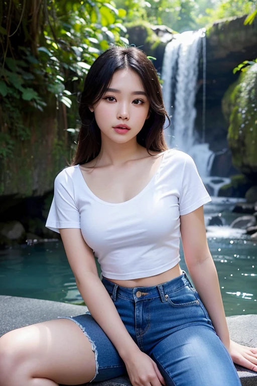 Thai girl, 20 years old, voluptuous figure with big bust, small waist, and big hips, casually dressed in short jeans. Wearing a cropped t-shirt that reveals a peek of her flat abs. Seated next to a breathtaking waterfall, her reflection shimmering in the clear pool below. (8K, RAW photo, best quality, masterpiece: 1.2), (realistic, photorealistic: 1.37), Thai beauty, sitting, waterfall backdrop, detailed facial features, big eyes, defined cheekbones, lush lips, collarbone visible through cropped t-shirt, short denim jeans, (w