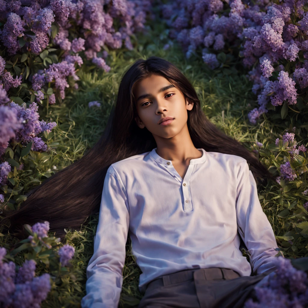 very slim young boy, 13 y.o, thin face, Moroccan, brown skin color, black straight long hair, long hair, straight hair, lies on the grass surrounded by lilac flowers, night, warm tones, soft colors, realistic, cinematic, ultra quality