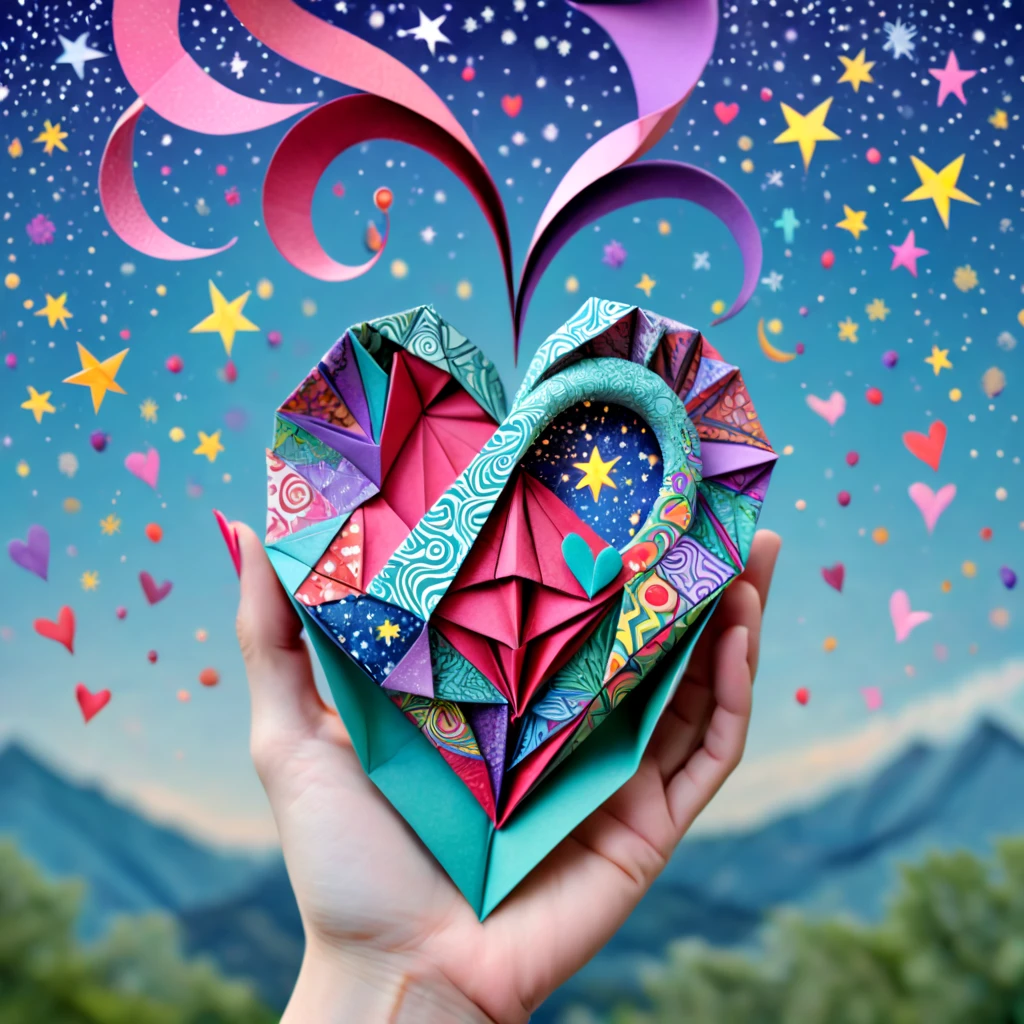 Origami, zentangle, a heart pumps in a doctor's hand, close up, the sky full of stars that shoot out and explode, real and magical