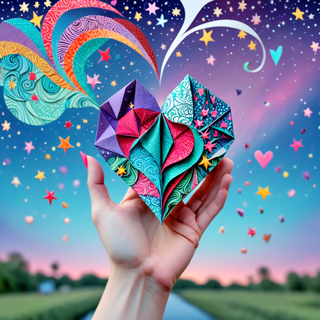 Origami, zentangle, a heart pumps in a doctor's hand, close up, the sky full of stars that shoot out and explode, real and magical