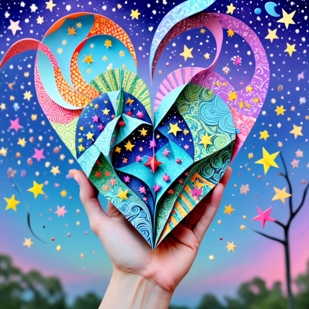 Origami, zentangle, a heart pumps in a doctor's hand, close up, the sky full of stars that shoot out and explode, real and magical
