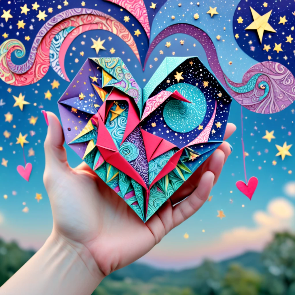 Origami, zentangle, a heart pumps in a doctor's hand, close up, the sky full of stars that shoot out and explode, real and magical