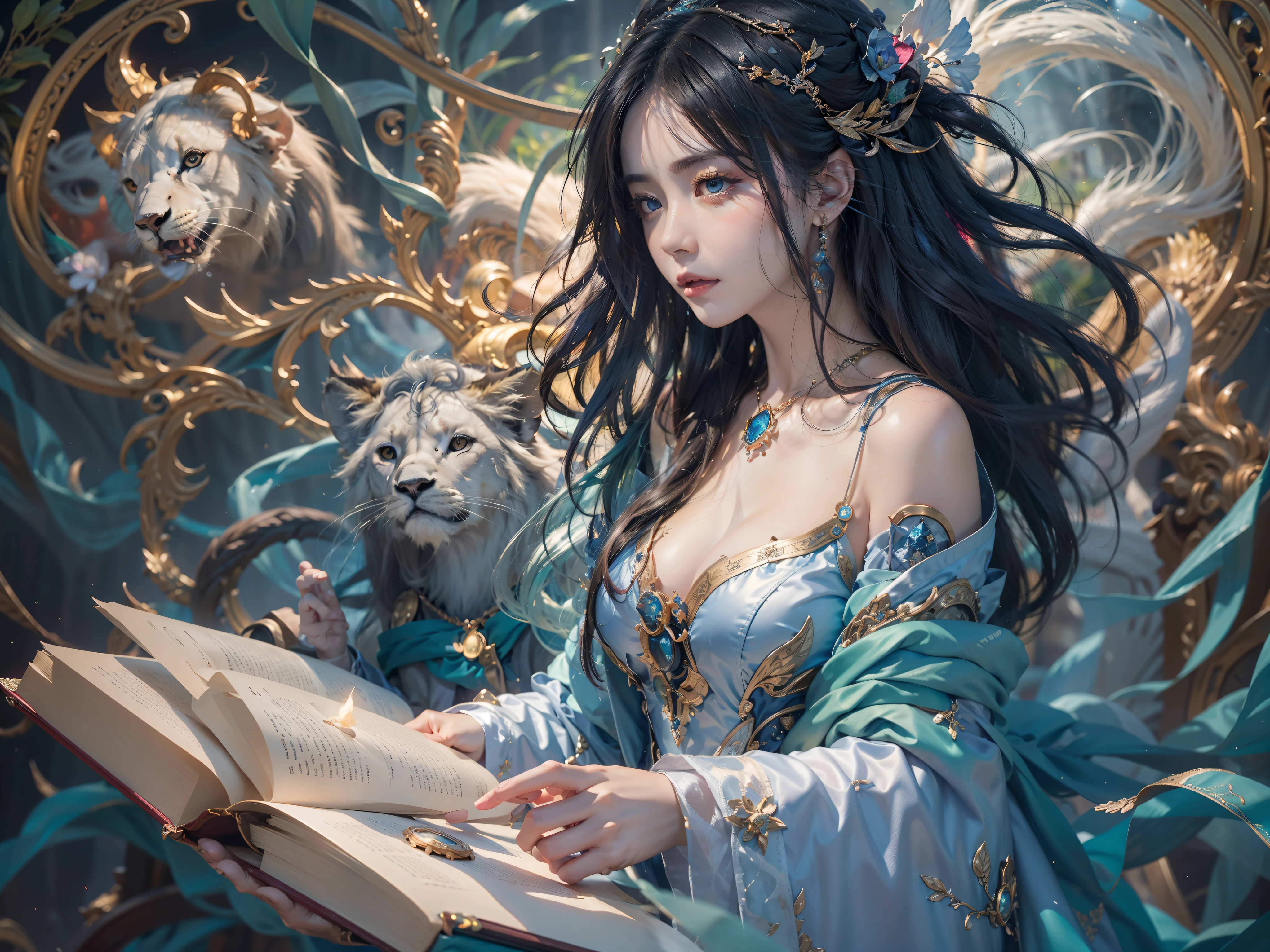 The crystal castle sealed by the magic book,Blood,night, dark, (fantasy),infinitude,dark blue sky,The abyss of knowledge,Cowlic,((on the table)), (((best quality))),((beautiful fine eyes)),(eyelash)、Beautiful girl rides huge white lion,Wear armor、(1 girl)、The perfect human structure、Black Hair Flying in the Wind、long hair、abyss eyes、shiny skin、oil、small 、Wizard robes、in rags with、realistic jacket、tenchi、Super exquisite CG Unity 32k wallpaper、Masterpiece, ((Super detailed)), ((Enlightenment)),Colorful,wallpaper,energy,Unknown terror,difficult to understand,around magic,magical environment,Magic wand,This book,Flight page,know everything,Predicting the Future、Learn about the past、Unlimited wisdom、blue flame、Warlock、magic circle、five-pointed star、spell、mantra、Sing magic