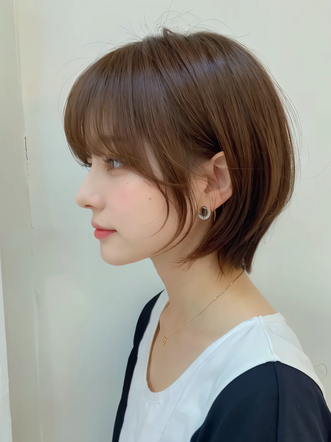 white wall、Taken in front of the white door、(窓のあるwhite wallの部屋)、(8K、Live shooting、highest quality、masterpiece:1.2)、High-definition RAW color photo、professional photos、(genuine、フォトgenuine:1.37)、Shot in natural light、1 girl、lazy smile、(various poses)、Blake is (Ombre:1.3) 、Spring clothes、 necklace、(Beautiful profile:1.3)、Don't look at the camera、profile、shortcut、((brown hair))、short hair、Eye color is dark brown、(Beautiful profile:1.3)、correct hand of human body、look down、Blouses in pastel colors、丸みのあるshort hair,((earrings))