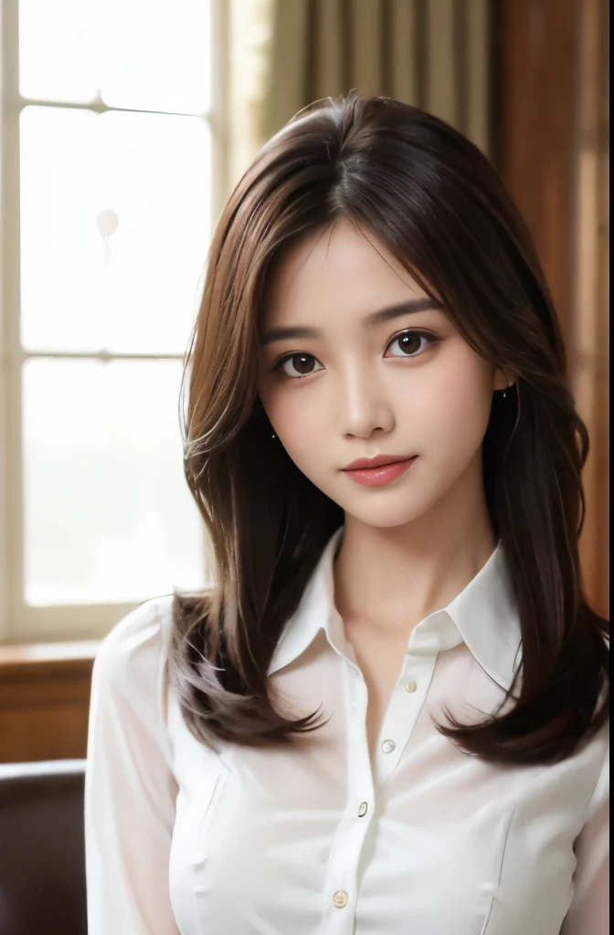 table top、highest quality、real、Super detailed、finely、High resolution、8k wallpaper、one beautiful woman、、light brown messy hair、He is wearing a black see-through dress shirt with an open collar、sharp focus、perfect dynamic composition、beautiful detailed eyes、thin hair、詳細なrealな肌の質感、smile、close up portrait、model body shape、President's Secretary、mini skirt、high heels、whole body、suit