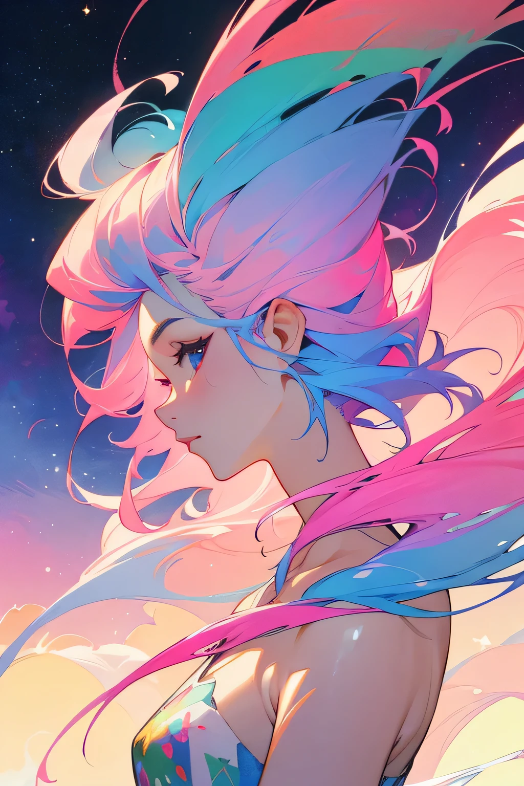 masterpiece, highest quality, Super detailed, High resolution, (water墨画風), excellent anatomy, 1 beautiful woman, watercolor (Moderate), official art, (beautiful and aesthetic:1.2),(fractal art:1.3), Upper body, From the side, looking at the viewer, pattern, (rainbow color hair, colorful hair, half blue and half pink hair:1.2), water, liquid, cloud, colorful, Starry, performer, best light, best shadow, Mysterious, perfect face, very detailed,