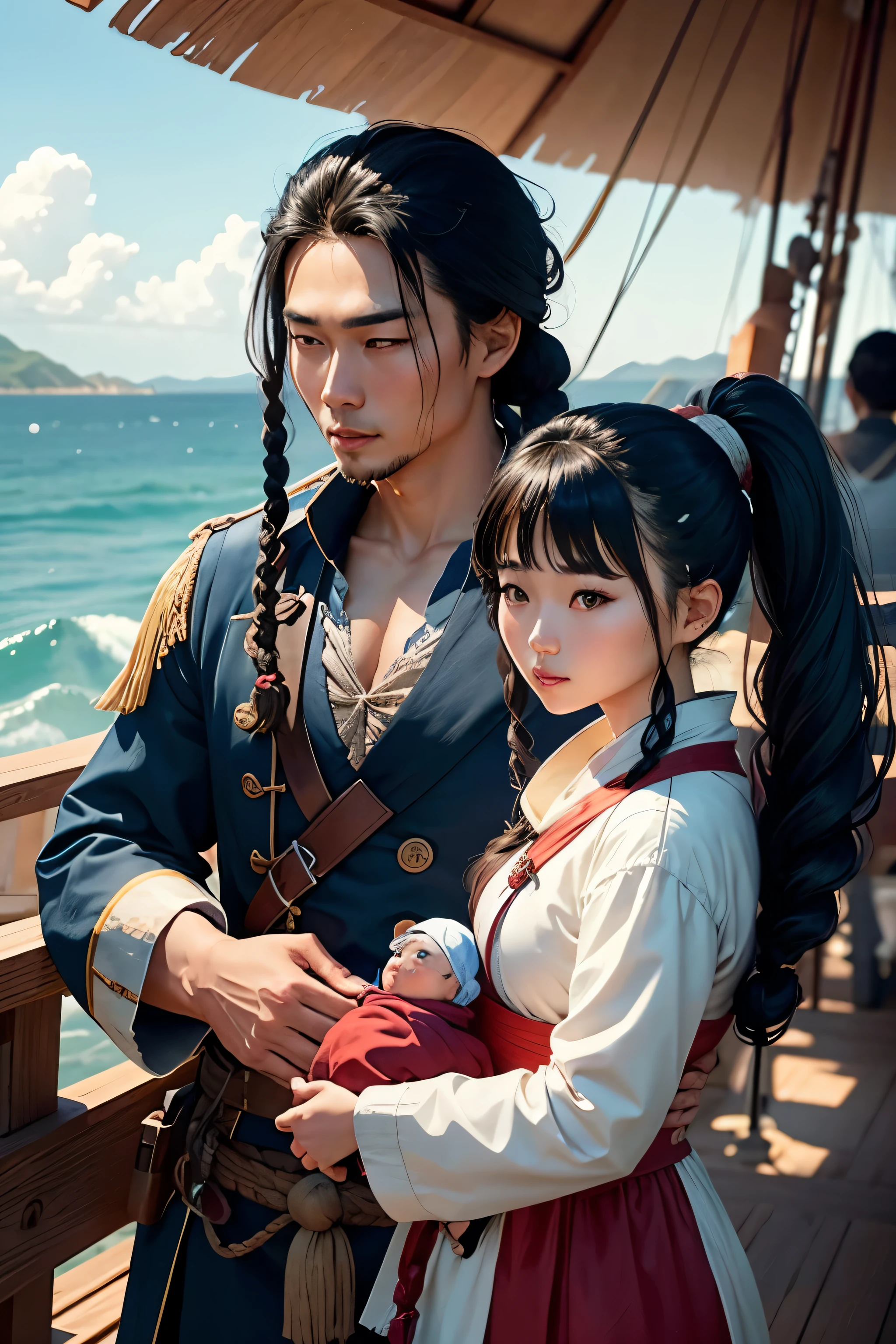 Korean woman with dark hair in a high ponytail wearing pirate clothes standing next to a tall Korean man with braided blue hair and pirate clothing on a wooden ship deck staring out into the ocean, holding a baby.