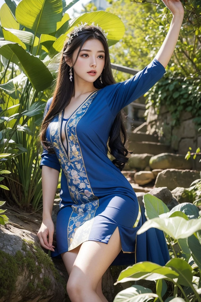 highest quality, masterpiece, realistic, High resolution, 8K RAW photo, 1 girl, NSFW、medium long hair、headband decorated with plants、((glamor body:1.3))、(Blue casual dress with leaf print、Golden edging)、(((sassy pose)))、(A hill where you can see the morning sun)、(Wind:1.2)