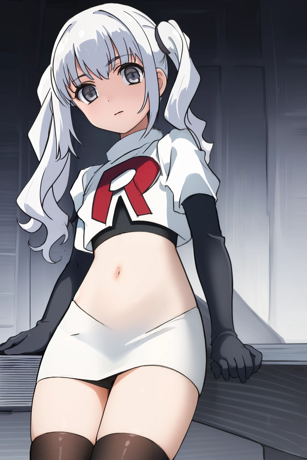 ((masterpiece)), (( best quality)), 1girl, solo, twintails, grey eyes, white hair, team rocket,team rocket uniform, red letter R, white skirt,white crop top,black thigh-highs,black elbow gloves,
