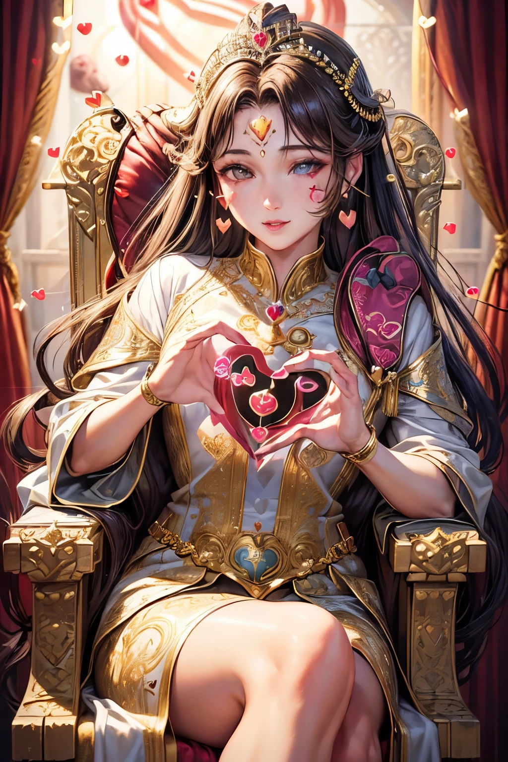(best quality,4k,8k,highres,masterpiece:1.2), ultra-detailed, (realistic,photorealistic,photo-realistic:1.37), mature female, light brown hair, beautiful detailed lips, throne, (heartbeat:1.9), (heart mark:1.9), elegant dress, confident posture, soft lighting, regal atmosphere, subtle smile, intricate details, vibrant colors, classic portrait style, captivating expression, peaceful background, gentle breeze, majestic aura, tranquil ambiance, radiant energy, ethereal beauty, soulful eyes, enchanting presence, timeless charm, graceful movements, refined features, captivating gaze, delicate facial features, emotional depth, regal presence, aura of power and authority, intricate patterns, elegant embellishments, polished composition, crown, confident and strong personality, air of elegance and sophistication, stunning realism, (heart symbol:1.9), mesmerizing artwork, captivating beauty, expressive eyes, noble demeanor, serene atmosphere, mesmerizing beauty, (heart-shaped motif:1.9), mesmerizing gaze, royal lineage, alluring charm, breathtaking presence