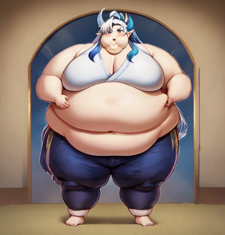 1 male Solo ,Neuvillette as a Sumo Wrestler , long hair Multicolored hair, White and blue hair, hair Styled in bunPointed ears, Morbidly Obese!!, Background:Arena:1.5,
