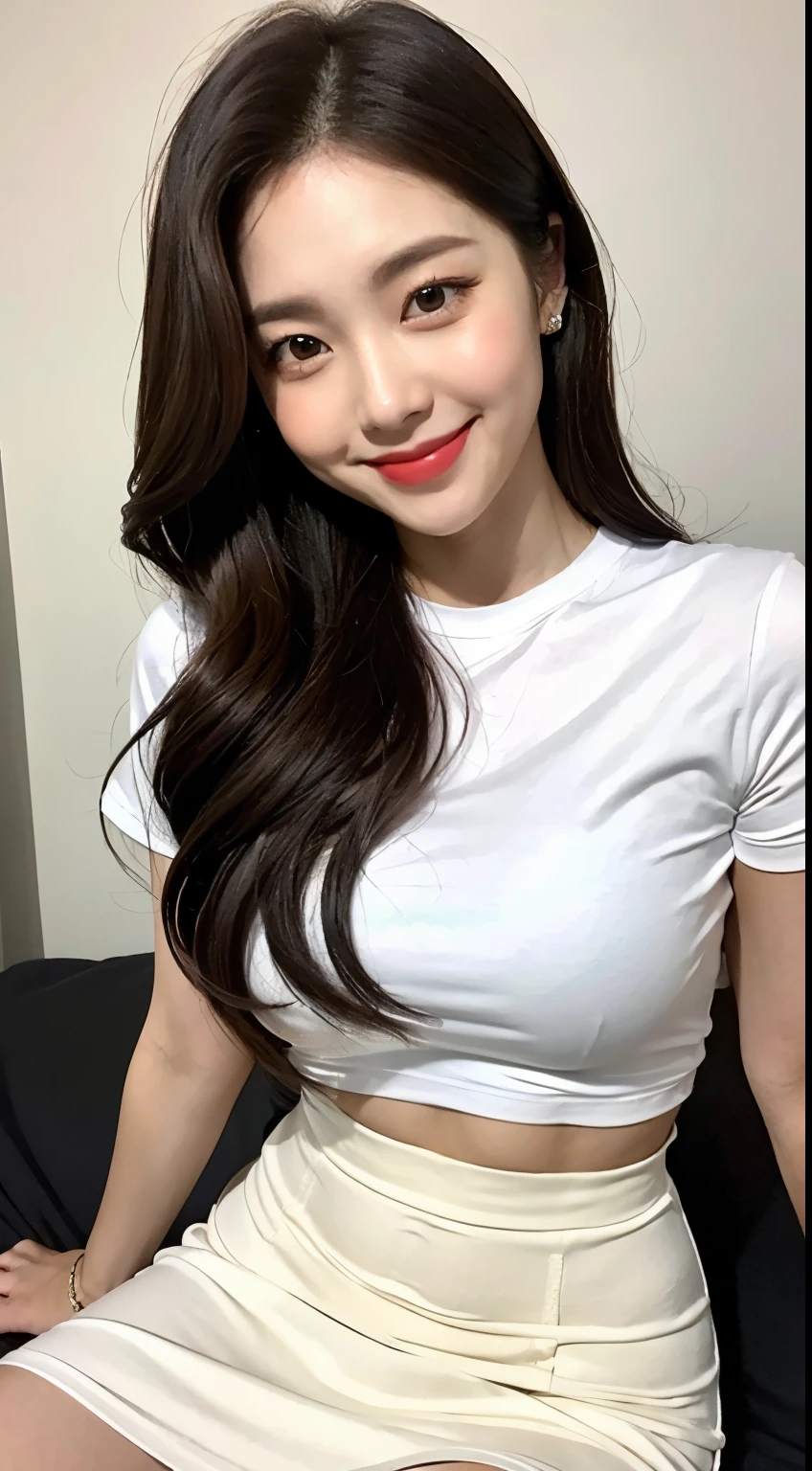 White tight shirt、White tight mini skirt、bed、smile、short sleeve、high resolution、Hallyu Idol Face