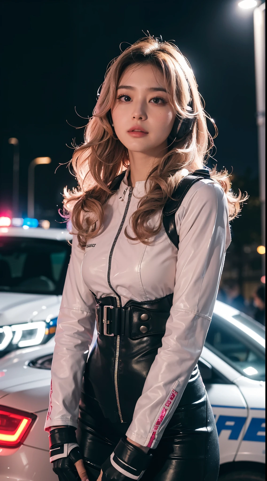 Top Quality, Ultra High Definition, (backlight), (Photorealistic: 1.4), (front shot:1), 1 Beautiful Girl, (Kpop Idol), Detailed Face, (Hair Style: Pink:1, fullbang, wavy-hairstyle:1), Contrapposto, Perfect Anatomy, wavy hair, Professional Lighting, ((wearing Futuristic Police Racing Suits, police wappen, High-tech Headset, military harness, racing gloves, handgun)), outside honey wavy hairstyle, ("POLICE", Cloths colors based on silver pink black white), (background, crashed cars, fire, (Explosion)),