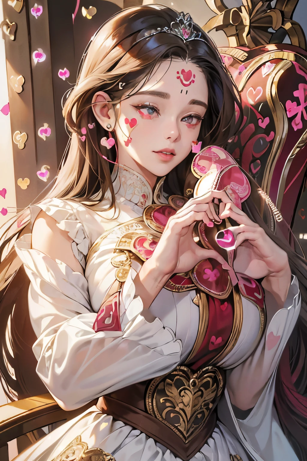 (best quality,4k,8k,highres,masterpiece:1.2), ultra-detailed, (realistic,photorealistic,photo-realistic:1.37), mature female, light brown hair, beautiful detailed lips, throne, (heartbeat:1.9), (heart mark:1.9), elegant dress, confident posture, soft lighting, regal atmosphere, subtle smile, intricate details, vibrant colors, classic portrait style, captivating expression, peaceful background, gentle breeze, majestic aura, tranquil ambiance, radiant energy, ethereal beauty, soulful eyes, enchanting presence, timeless charm, graceful movements, refined features, captivating gaze, delicate facial features, emotional depth, regal presence, aura of power and authority, intricate patterns, elegant embellishments, polished composition, crown, confident and strong personality, air of elegance and sophistication, stunning realism, (heart symbol:1.9), mesmerizing artwork, captivating beauty, expressive eyes, noble demeanor, serene atmosphere, mesmerizing beauty, (heart-shaped motif:1.9), mesmerizing gaze, royal lineage, alluring charm, breathtaking presence