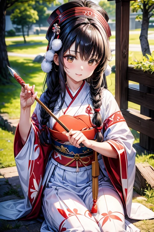 queen of the ainu、cute、Ainu pattern clothes、white and red clothes、Ainu pattern、has a spear、Ainu art