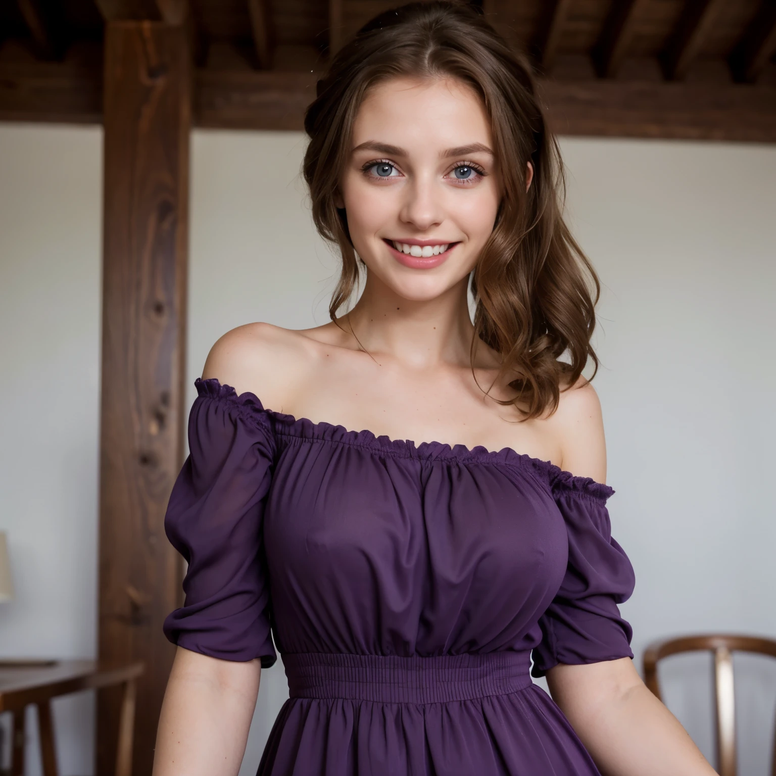 (highest quality,High resolution,In 4K), brown haired woman, young french woman,larger breasts、stylish dark purple dress,bright colors, porcelain skin, Big eyes, Cute smile showing white teeth, charming charm, At a resort, soft lighting, exquisite details,Stylish dark purple dress