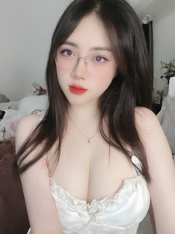 (realistic、high resolution:1.3)、 1 girl with perfect figure、selfee、Long、((white skin:1.3))、Huge breasts:1.3、white bikini、looking at viewers、super fine face and eyes、long hair、 in bedroom, sit on the bed、exposed cleavage、upper body、half body