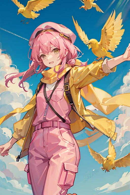 She is a yellow bird wearing a pink jumpsuit, flight cap and scarf.
