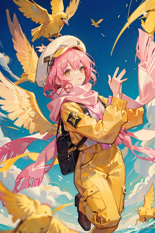 She is a yellow bird wearing a pink jumpsuit, flight cap and scarf.