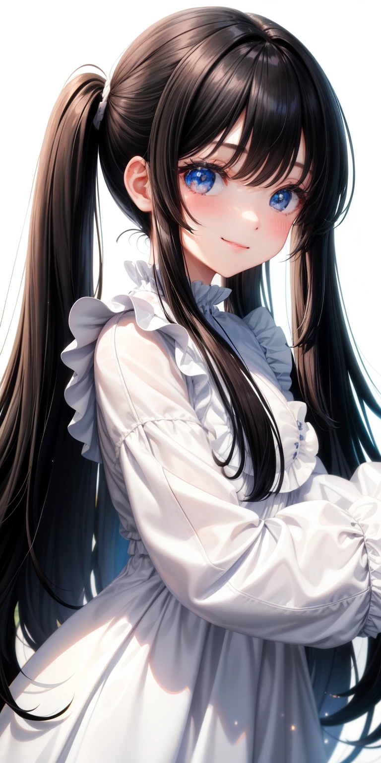 girl、white background、no background、black hair、long hair、straight long hair、Contrasting bangs、Eyes are sparkling、highlight、white dress、white long sleeve one piece clothes、frills、profile、side view、blush、smile、cute、no background
