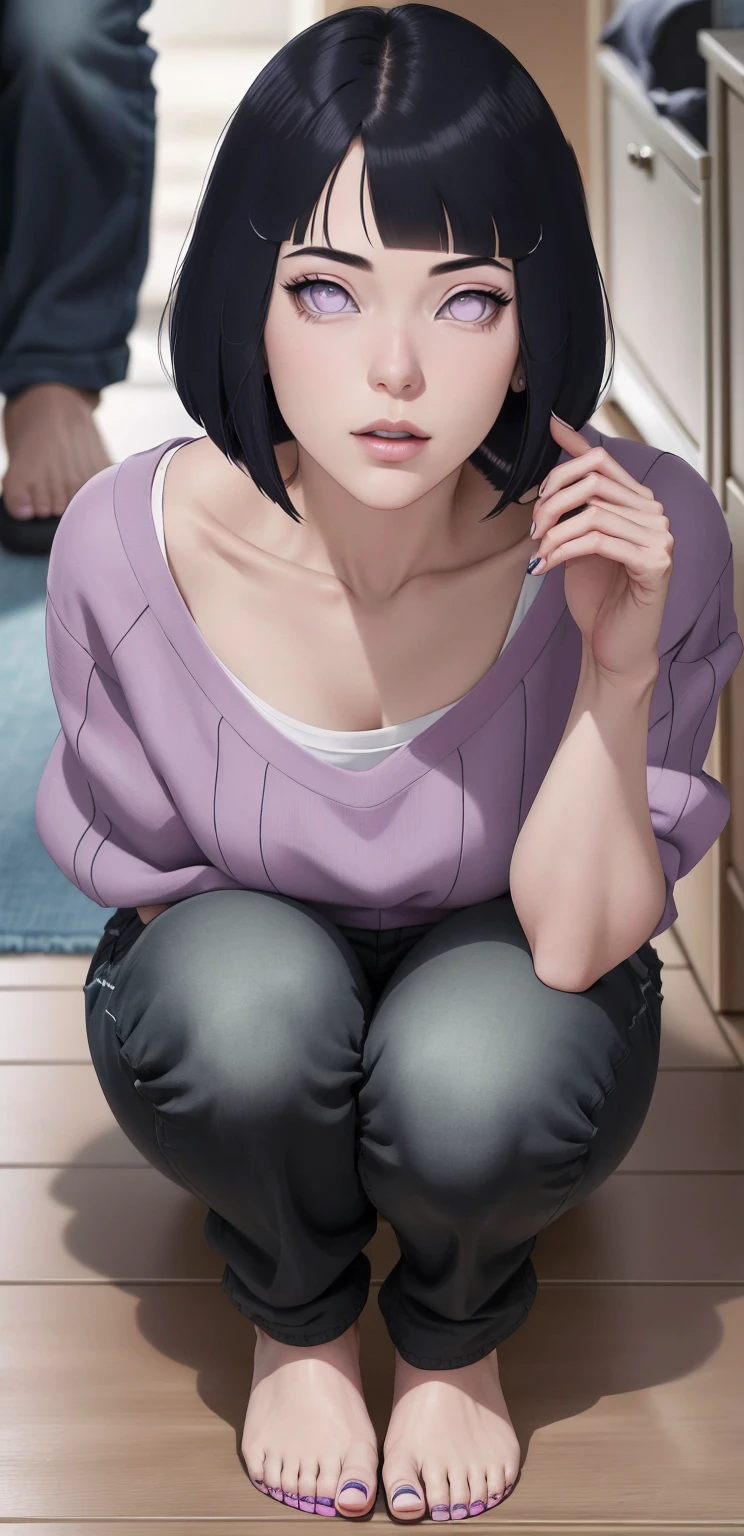 { - anatomy error} (Masterpiece - Ultra-detailed, very high resolution) , absurdos, Hinata\(Boruto\), 1girl, sozinho,Mature female, Capuz roxo,mangas em camadas, jeans, ao ar livre, Cloudy sky, perfect composition, circunstanciado lips, peito grande, beautiful face, body propotion, corar, (pink lips), cabelos pretos curto (black hair), lilac eyes, olhar suave, super realistic, circunstanciado, rosto e corpo realistas, Realistic hair, olhos realistas, nariz realista, realistic lips,  anime. Walking on the floor with lilac shoes.