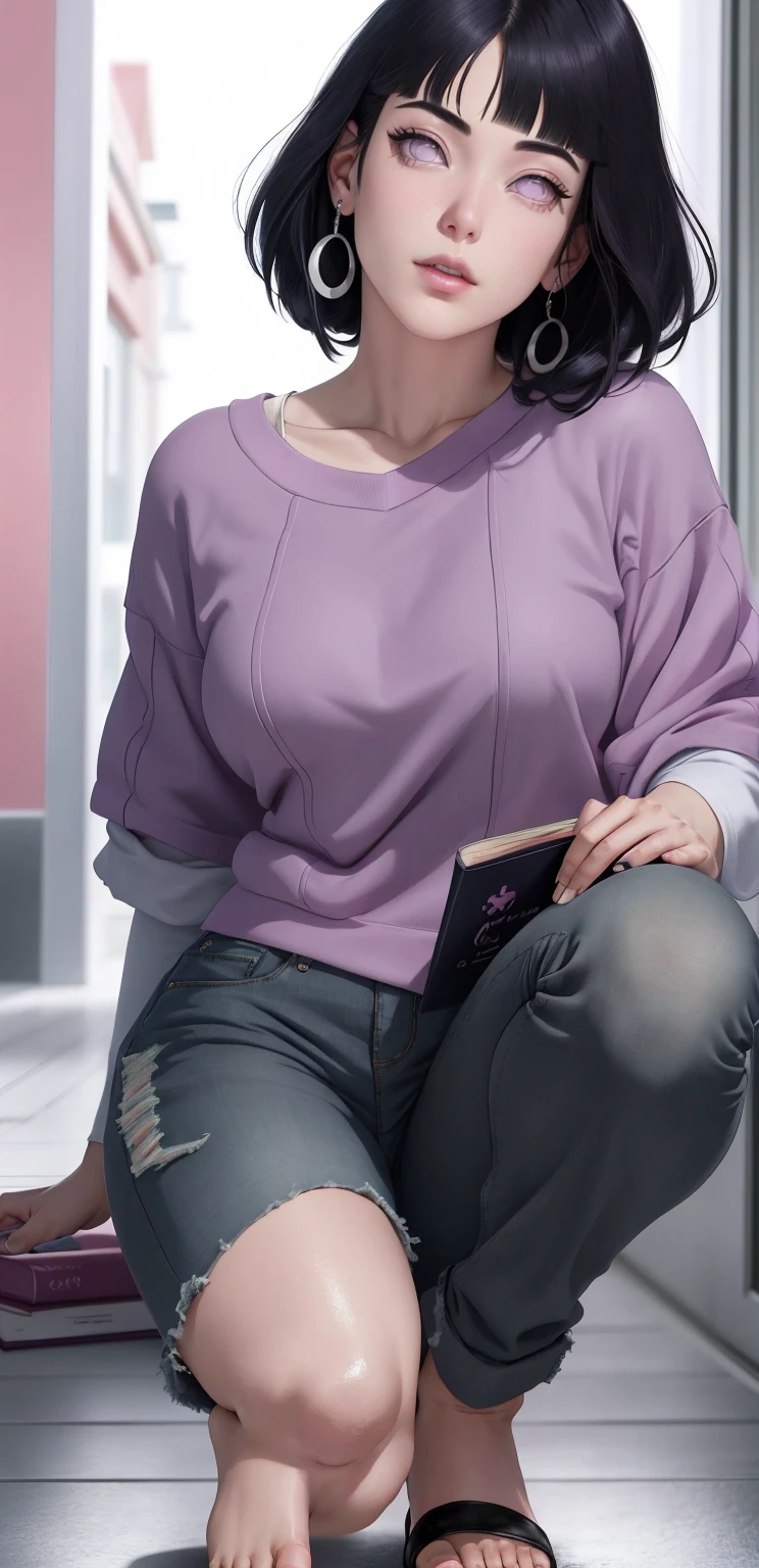 { - ??????? error} (Masterpiece - Ultra-detailed, very high resolution) , absurdos, Hinata\(Boruto\), 1girl, sozinho,Mature female, Capuz roxo,mangas em camadas, jeans, ao ar livre, Cloudy sky, perfect composition, circunstanciado lips, peito grande, beautiful face, body propotion, corar, (pink lips), cabelos pretos curto (black hair), lilac eyes, olhar suave, super realistic, circunstanciado, rosto e corpo realistas, Realistic hair, olhos realistas, nariz realista, realistic lips, anime. Walking on the floor with lilac shoes.