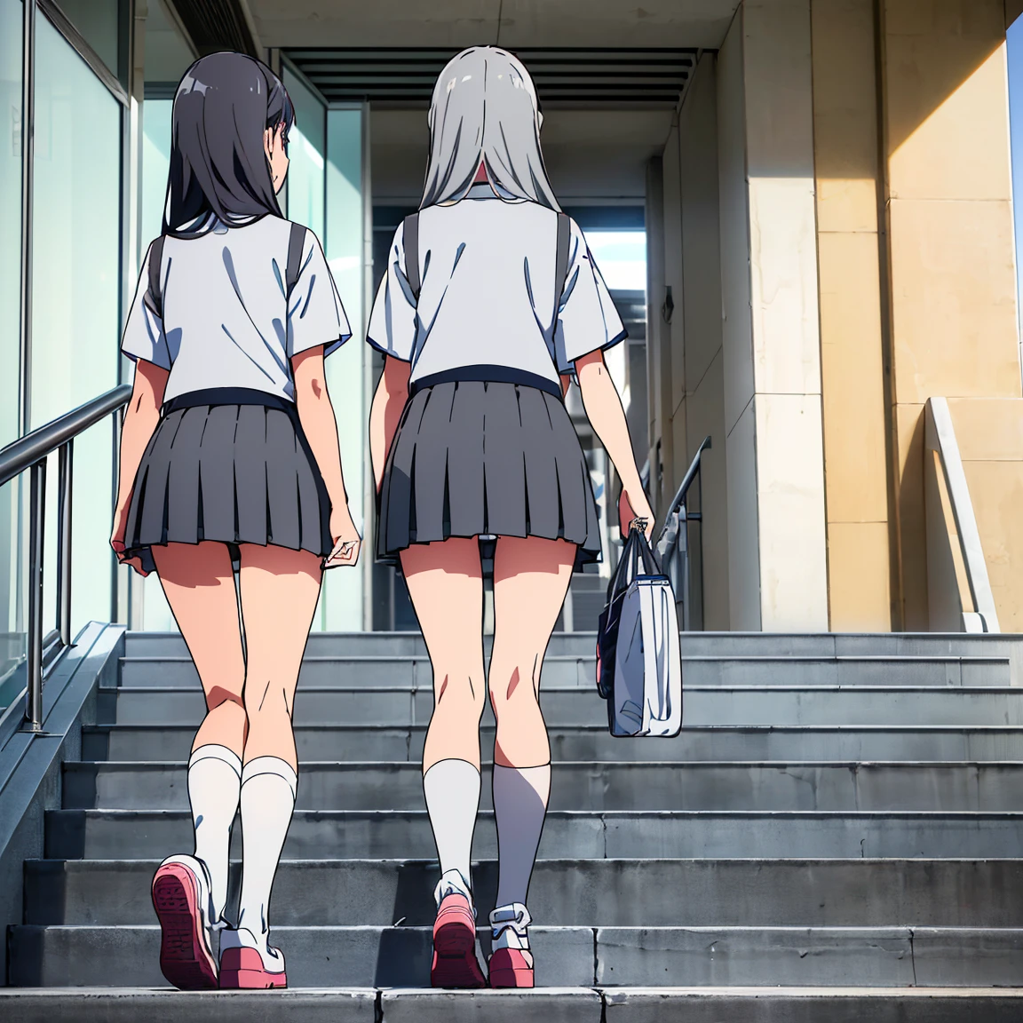 ((highest quality, 8K, RAW photo)), sharp focus 1.5,((Three gal high school girls lined up side by side))back view((Walking up the stairs at Yokohama Station))((panty visible))((mini skirt))(((Gray skirt)))(((loose socks)))(((loafers)))((Low - Angle))((Full body view))