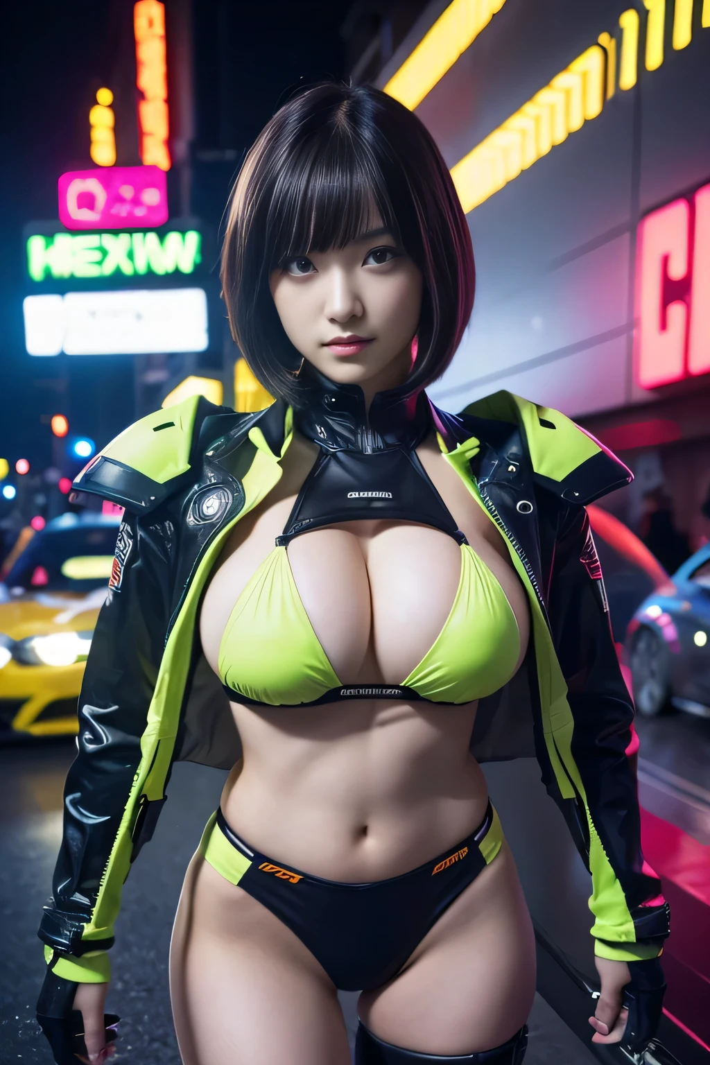 (very detailed:1.5), (8K), Futuristic mechanical girl in science fiction with flashing neon lights., style (Cyberpunk Personality:1.3), Wear an elegant combat uniform,vivid details, sexy pose, (Bold typography:1.2), dynamic composition, bright colors, (アキラstyle:1.1), (Inspired by Hajime Sorayama:1.2), Full body Esbian, red、yellow、green、white details, fight position, detailed bikini, Futuristic and detailed BMW bikes,, Girl born in junior high , (((huge breasts:1.2)))、short hair