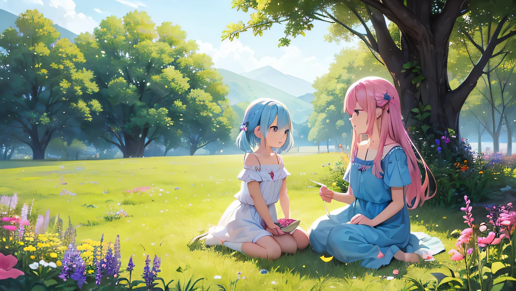 beautiful and innocent girl、child、2 people(1 person pink hair、1 person light blue hair)、beauty of nature、warm sun pouring down、Surrounded by wildflowers swaying in the breeze、enjoying time in the fields。Butterflies and birds fly around her、Adds a playful atmosphere。