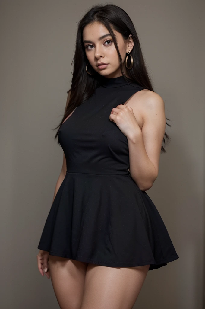 Mujer que mide 1,66 metros sin tacones, es una joven muy voluptuosa, y sus medidas son casi perfectas: 87, 66 and 99 centimeters. Besides, la modelo pesa 55 kilos, black hair, blue pupils, delicate face, cute, love earrings, black dress,