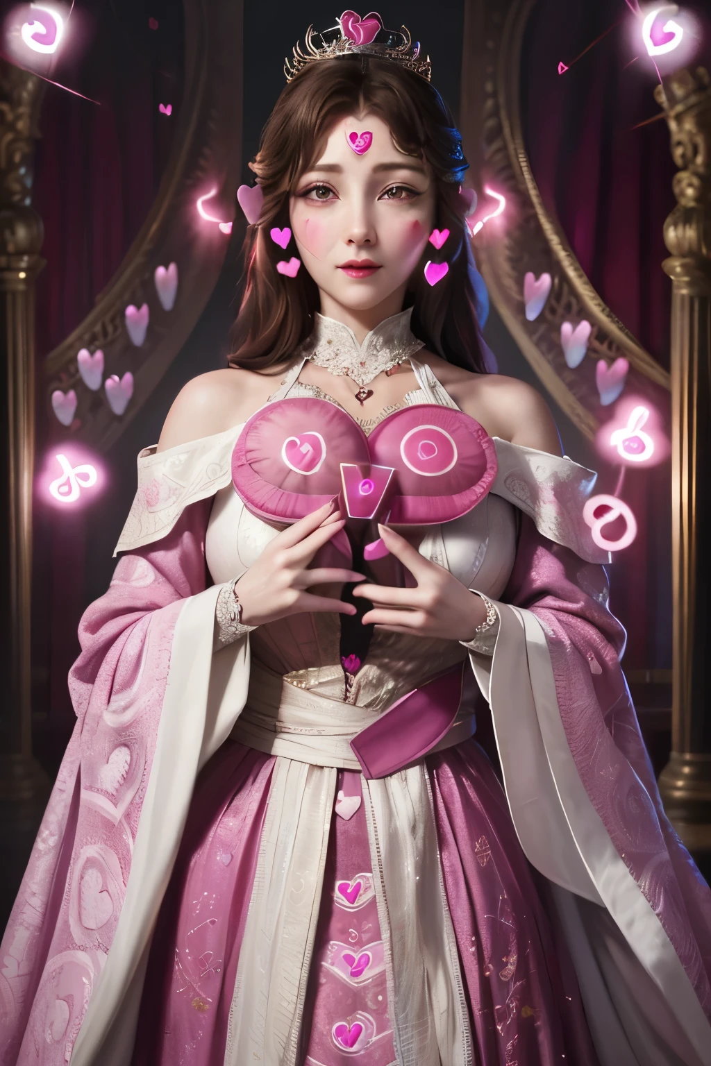 (best quality,4k,8k,highres,masterpiece:1.2), ultra-detailed, (realistic,photorealistic,photo-realistic:1.37), mature female, light brown hair, beautiful detailed lips, throne, (heartbeat:1.9), (heart mark:1.9), elegant dress, confident posture, soft lighting, regal atmosphere, subtle smile, intricate details, vibrant colors, classic portrait style, captivating expression, peaceful background, gentle breeze, majestic aura, tranquil ambiance, radiant energy, ethereal beauty, soulful eyes, enchanting presence, timeless charm, graceful movements, refined features, captivating gaze, delicate facial features, emotional depth, regal presence, aura of power and authority, intricate patterns, elegant embellishments, polished composition, crown, confident and strong personality, air of elegance and sophistication, stunning realism, (heart symbol:1.9), mesmerizing artwork, captivating beauty, expressive eyes, noble demeanor, serene atmosphere, mesmerizing beauty, (heart-shaped motif:1.9), mesmerizing gaze, royal lineage, alluring charm, breathtaking presence