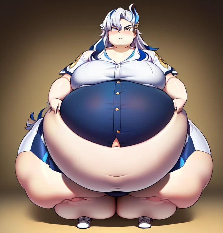 masterpiece, ((best quality)), ((Very Detailed) ,1boy, neuvillette, long hair,(( multicolored hair)), white and blue hair, Beautiful face and Eyes:1.4, (( background: Candyland)),(high_aesthetic), Ussbbw!! ,((Wide Hips:1.85)), ((gigantic belly:1.7)), Thick thighs:1.5, ((Large Ass:1.7)),Embarrassed Expression:1.3, frowning,being Surrounded by food , Neuvillette as a Sumo wrestler :1.4, (( Clear and Detailed face:1.5)), anatomically accurate body:1.5, Blue Mawashi:1.7