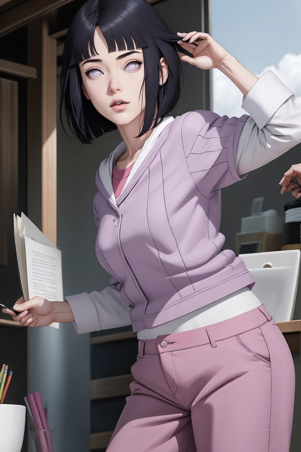 { - anatomy error}(Masterpiece - Ultra-detailed, very high resolution) , absurdos, Hinata\(Boruto\), 1girl, sozinho,Mature female, Capuz roxo,mangas em camadas, brown pants, ao ar livre, Cloudy sky, perfect composition, circunstanciado lips, peito grande, beautiful face, body propotion, corar, (pink lips), cabelos pretos curto (black hair), lilac eyes, olhar suave, super realistic, circunstanciado, Photo Session, rosto e corpo realistas, Realistic hair, olhos realistas, nariz realista, realistic lips, brown pants, anime, reading, writing, dynamic poses, closed mouth. Different Pose.
